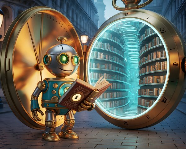 Whimsical Steampunk Robot in Quaint Street with Library