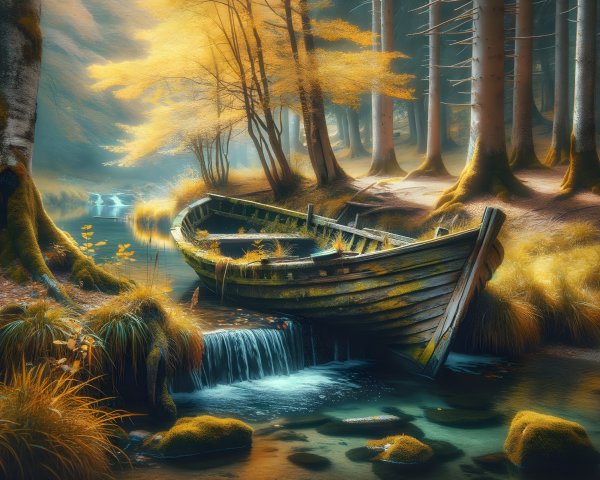 Abandoned Boat in Serene Forest Stream with Autumn Foliage