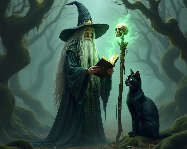 Mysterious wizard in enchanted forest with glowing skull