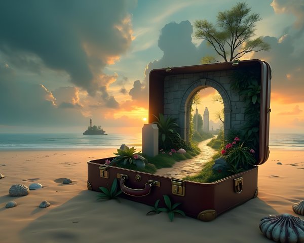 Vintage suitcase on beach with lush pathway and sunset
