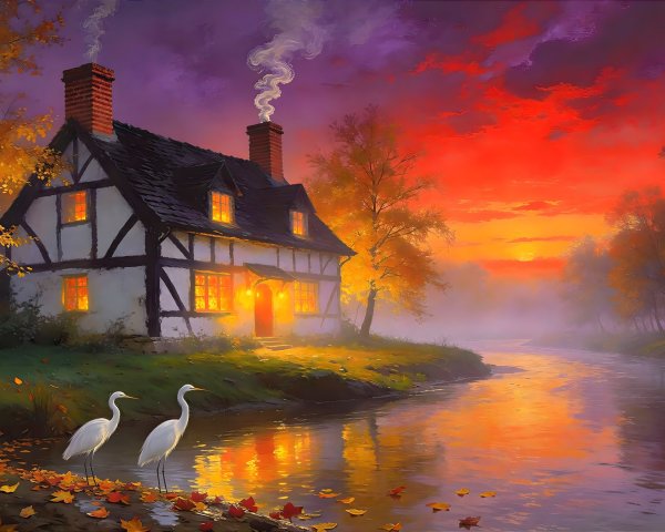 Cottage by River at Sunset with Autumn Scenery