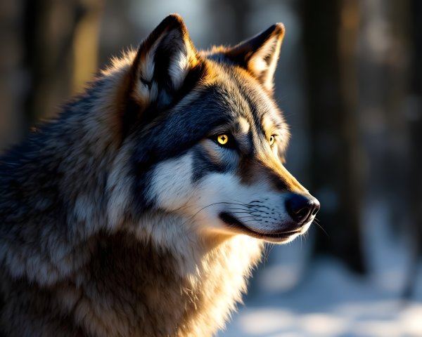 Majestic wolf in sunlit forest with snowy landscape