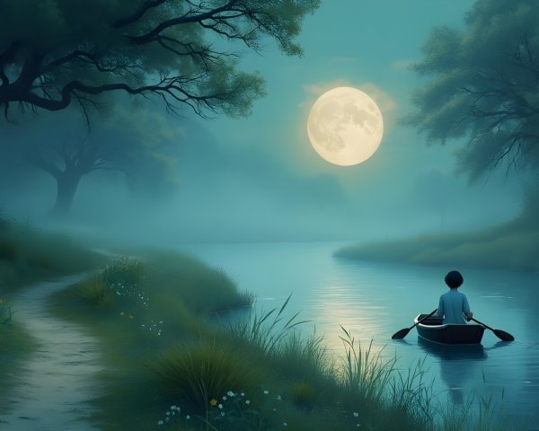 Nighttime Rowing Scene on a Foggy River with Moonlight