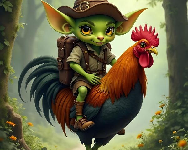 Cheerful Goblin Riding a Colorful Rooster in Forest