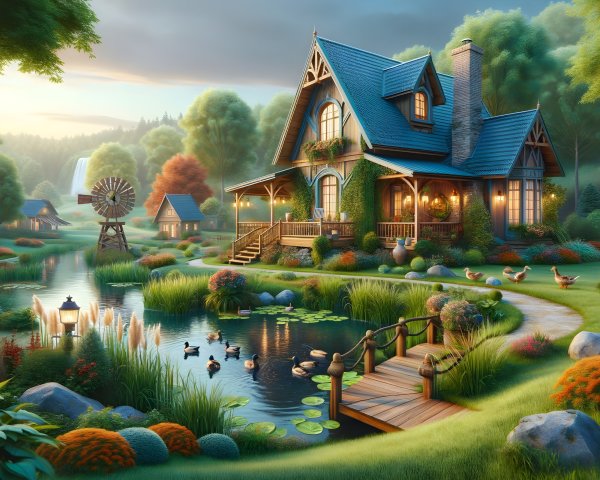 Cottage in a Vibrant Landscape with Serene Pond