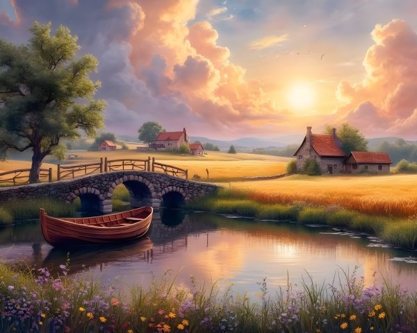 Serene Landscape with Sunset and Tranquil River Scene