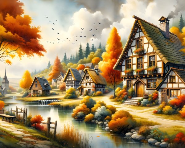 Autumn Landscape with Wooden Houses and River View