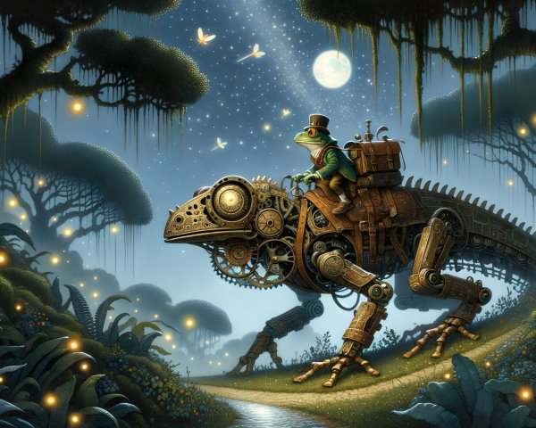 Frog in Top Hat Rides Mechanical Chameleon in Forest