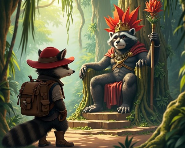 Regal Raccoon Throne Scene in Vibrant Jungle