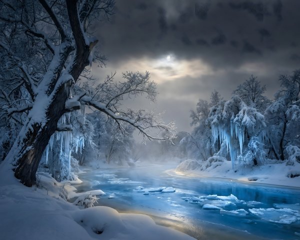 Winter River Landscape with Snow and Fog Effects