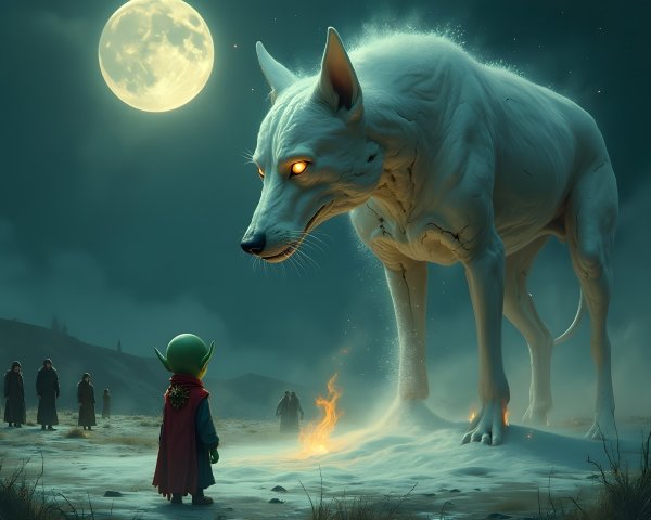 Mystical Landscape with Cloaked Figure and White Wolf