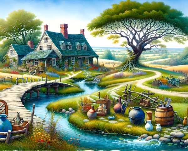 Charming Countryside Scene with House and Gardens