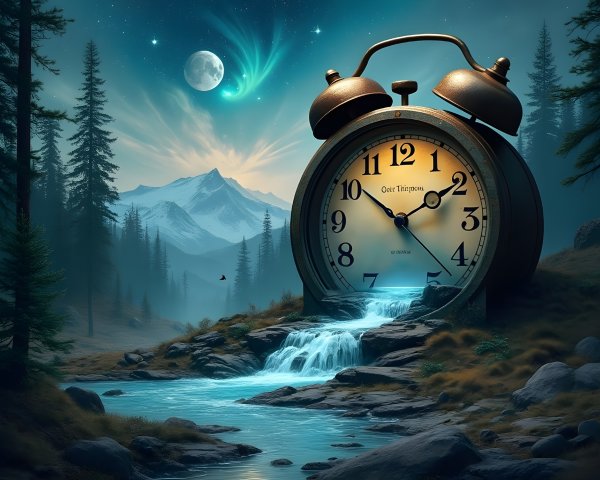 Surreal Landscape with Vintage Clock and Waterfall