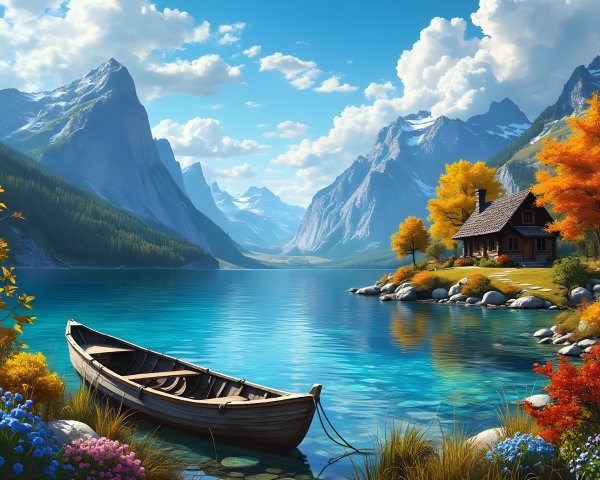 Serene Mountain Landscape with Tranquil Lake and Cabin