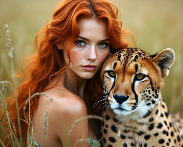 Young Woman with Cheetah in Tall Grass Setting