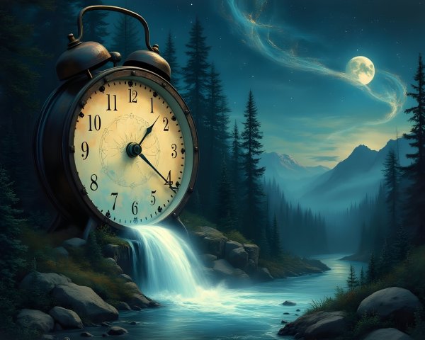 Surreal Landscape with Vintage Clock and Tranquil River