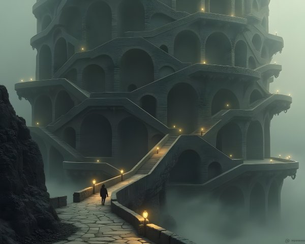 Lone Figure Approaches Grand Tower in Misty Landscape