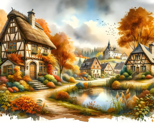 Charming Village Scene with Autumn Landscape and Pond