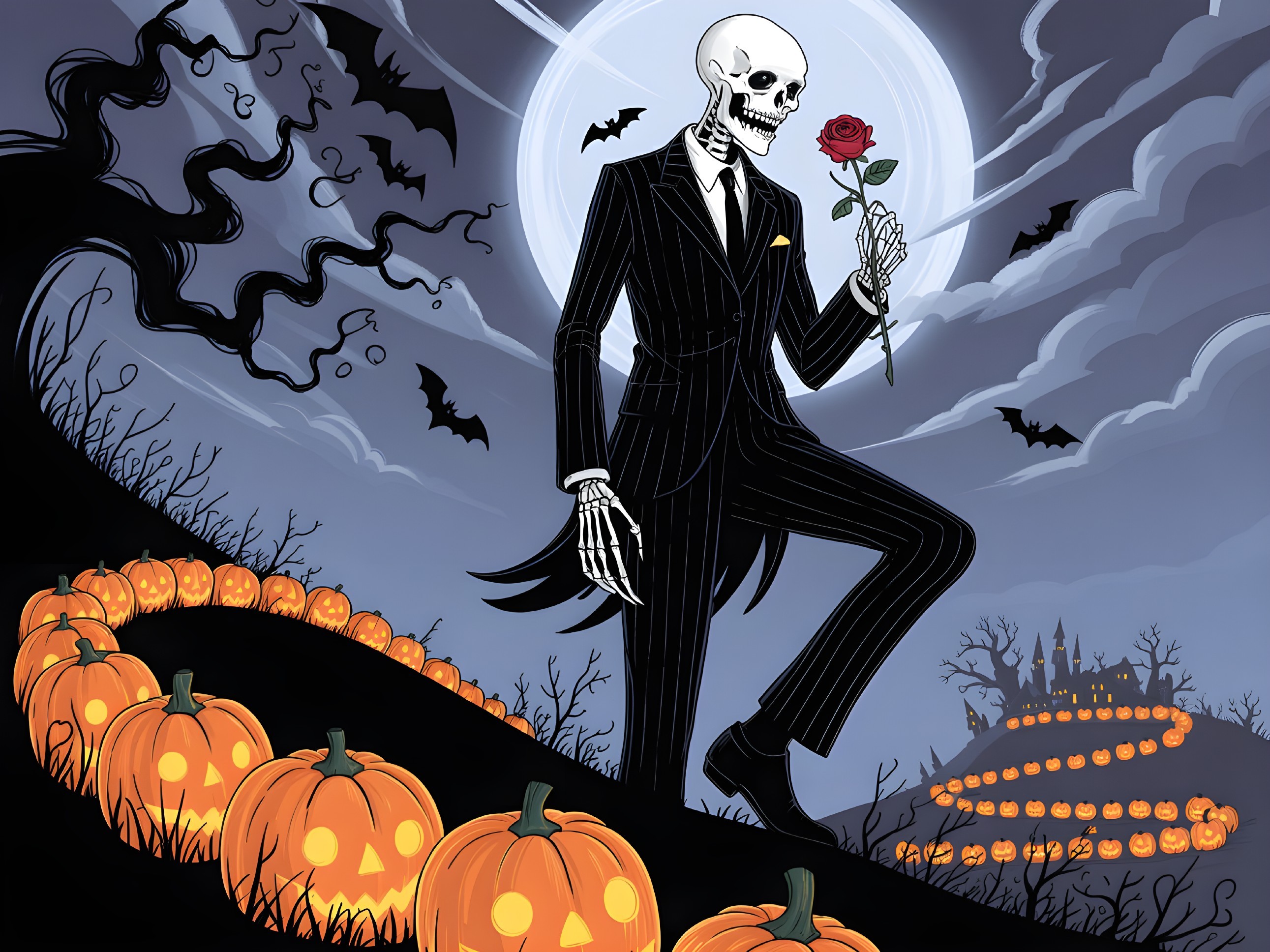 Whimsical Skeleton with Rose in Halloween Landscape
