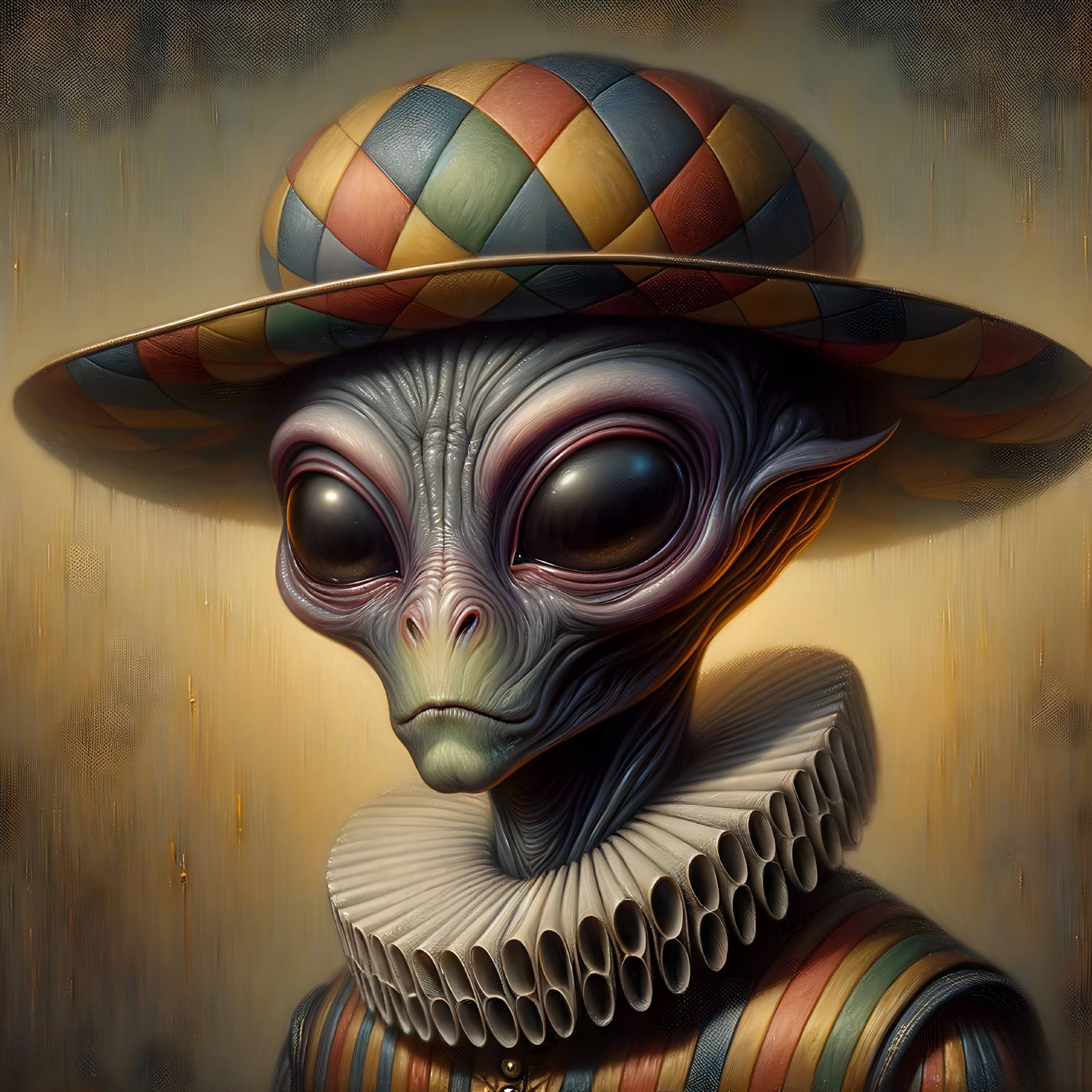 Whimsical Alien with Colorful Hat and Ruffled Collar