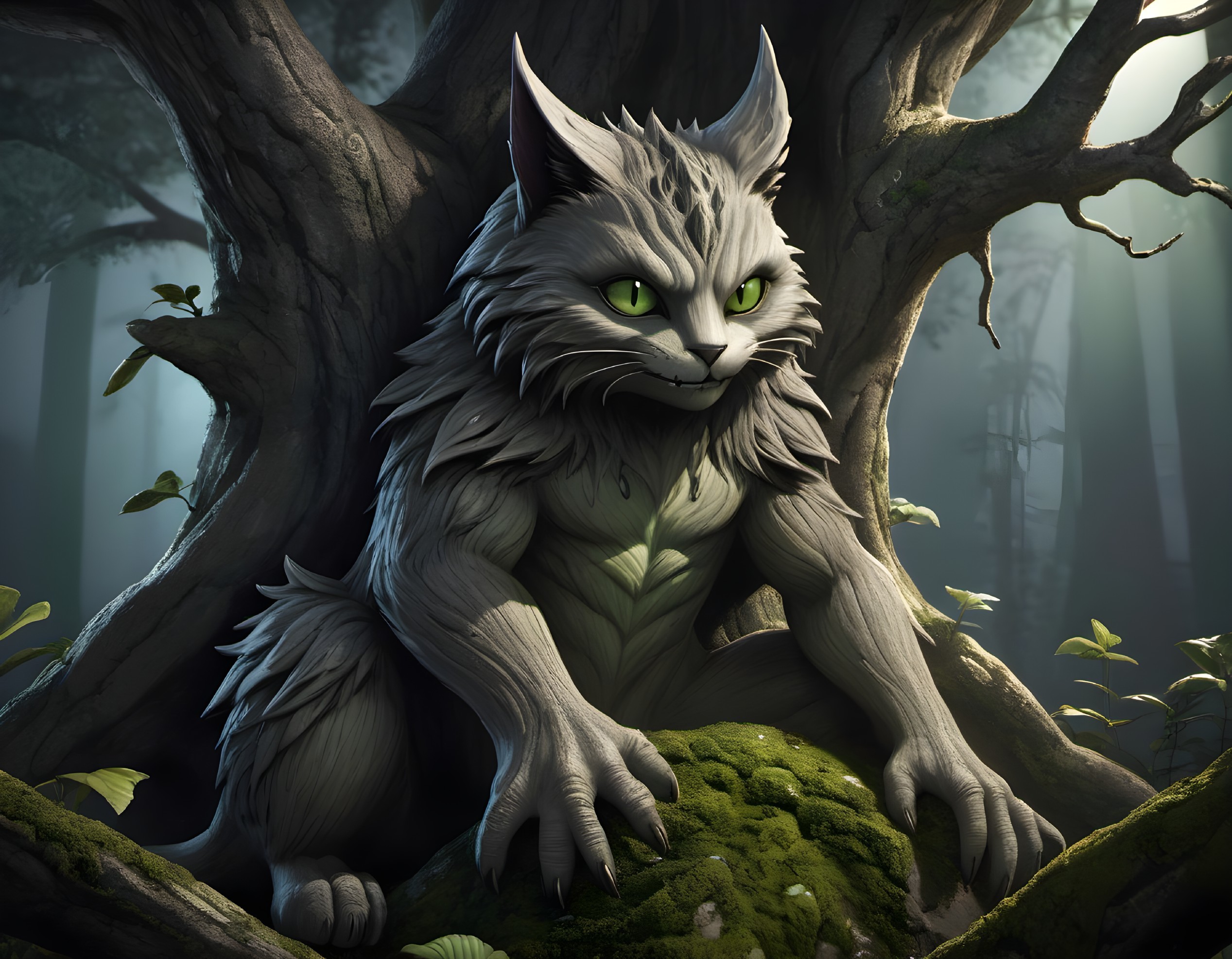 Mystical Cat-Like Creature in Enchanted Forest Setting