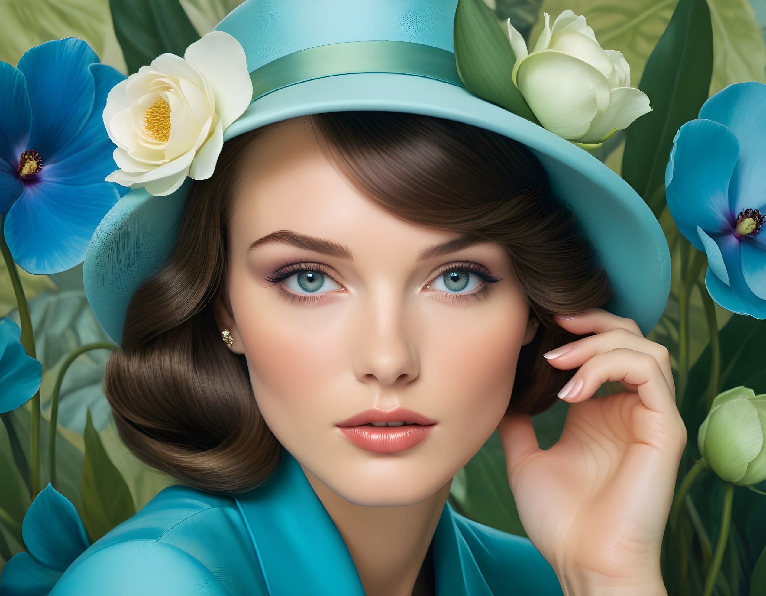 Elegant Portrait of Woman with Blue Eyes and Aqua Hat