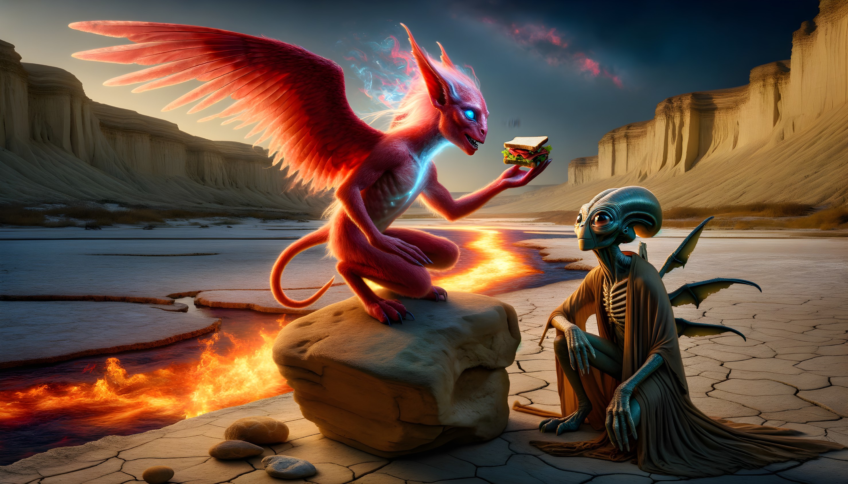 Surreal Encounter of Creatures in a Vibrant Landscape