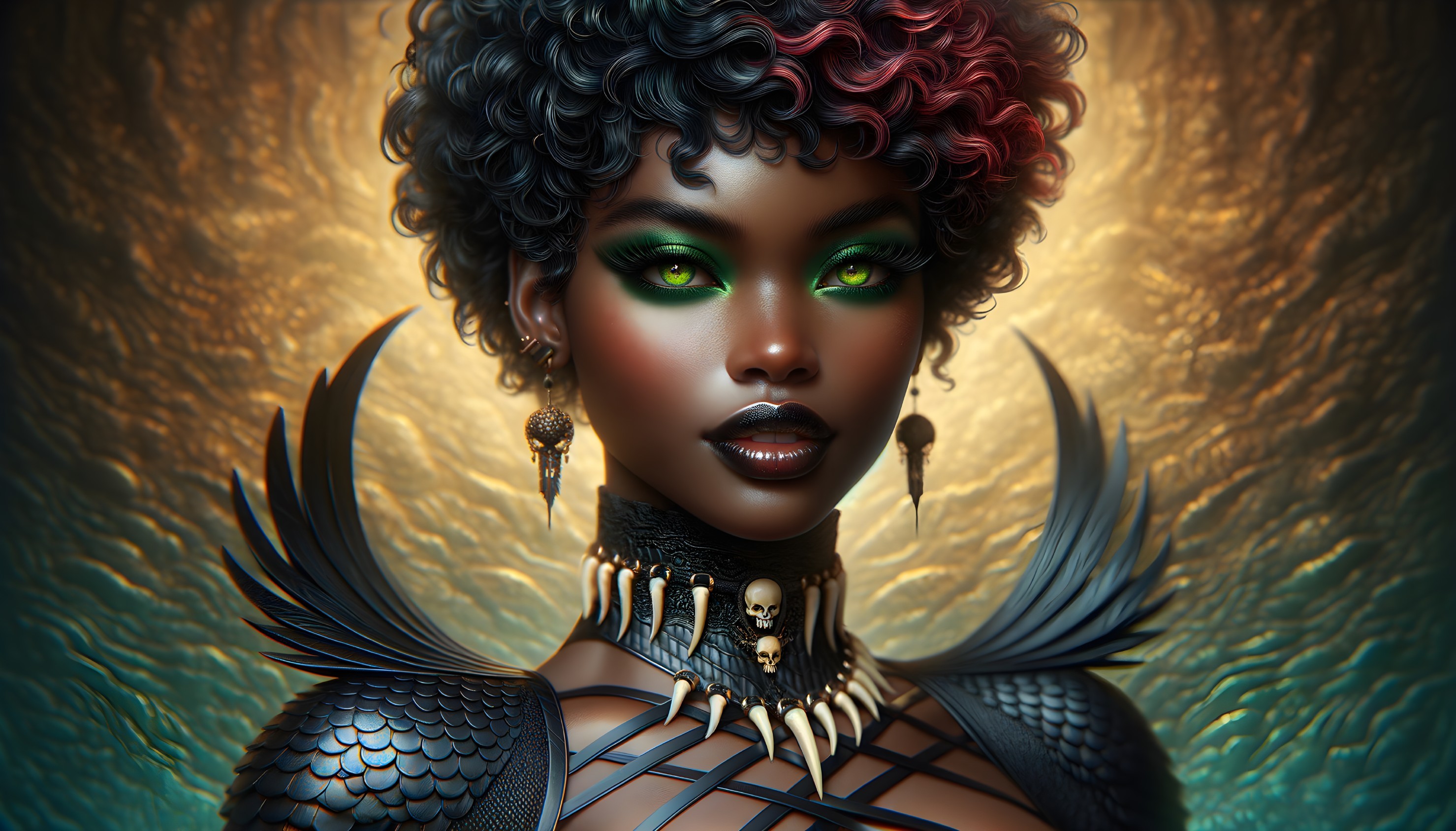 Bold Figure with Curly Hairstyle and Green Eyes