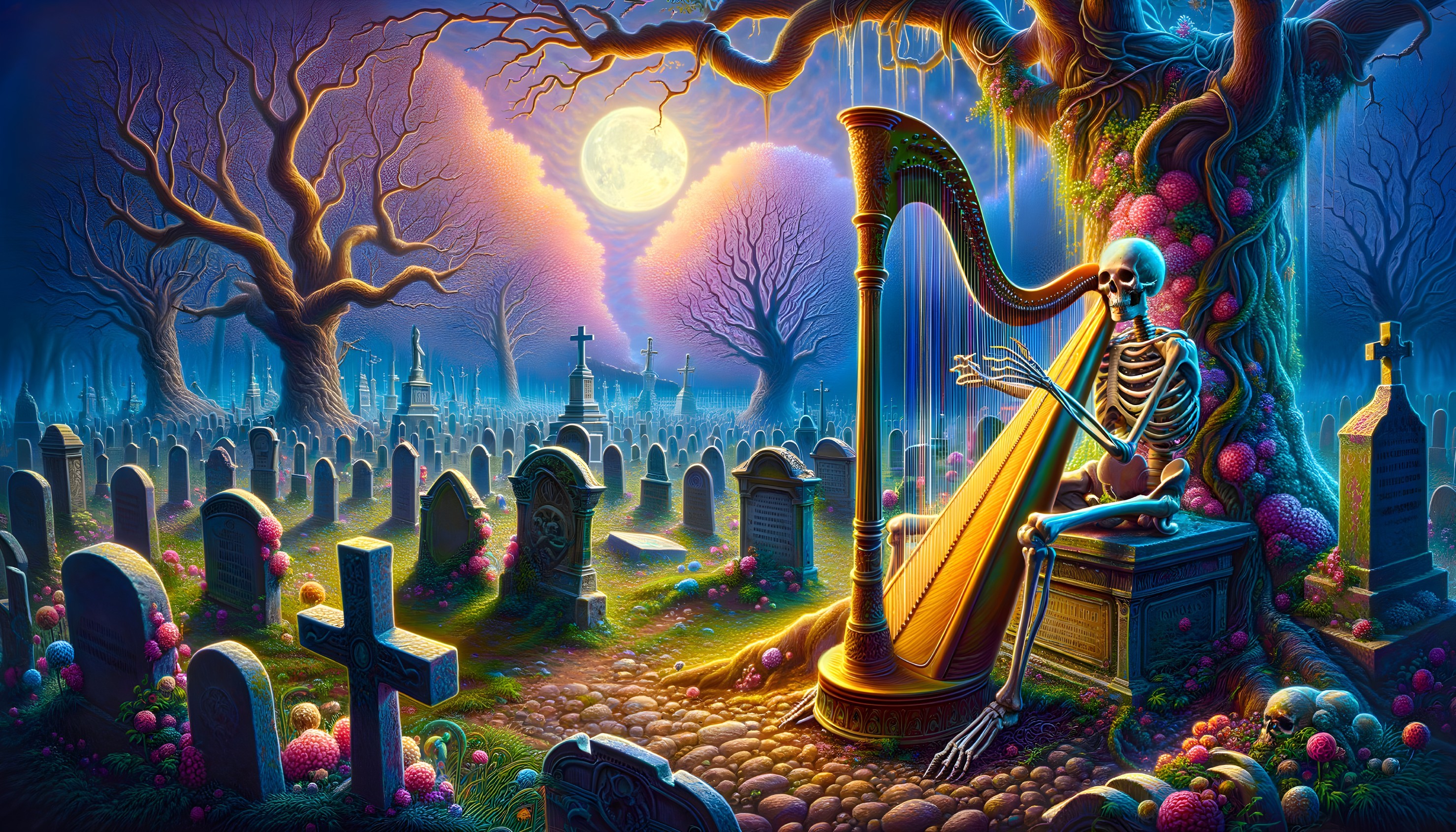 Colorful fantasy art: Skeleton playing harp in moonlit cemetery