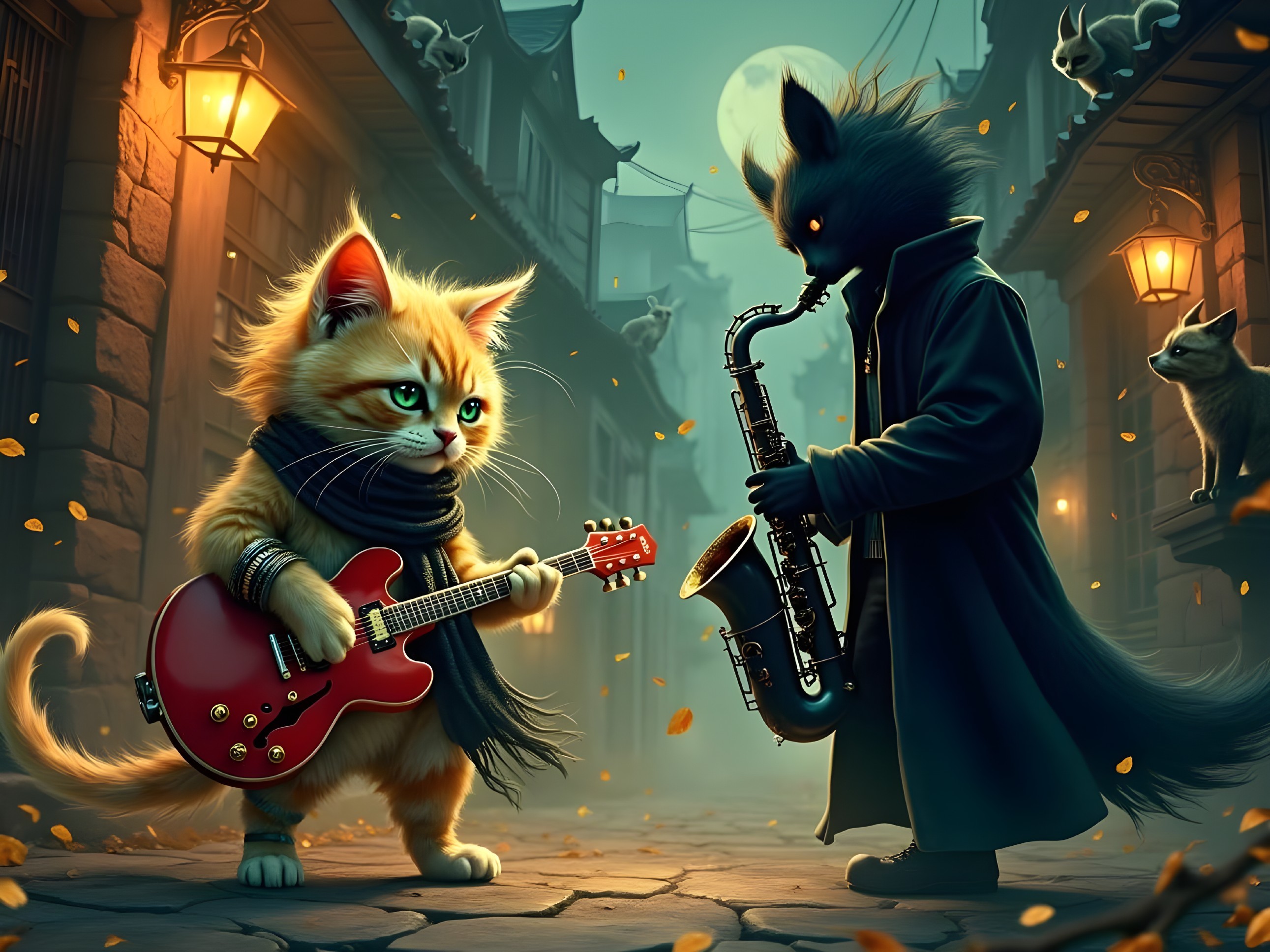 Whimsical Night Scene with Cat and Wolf Musicians