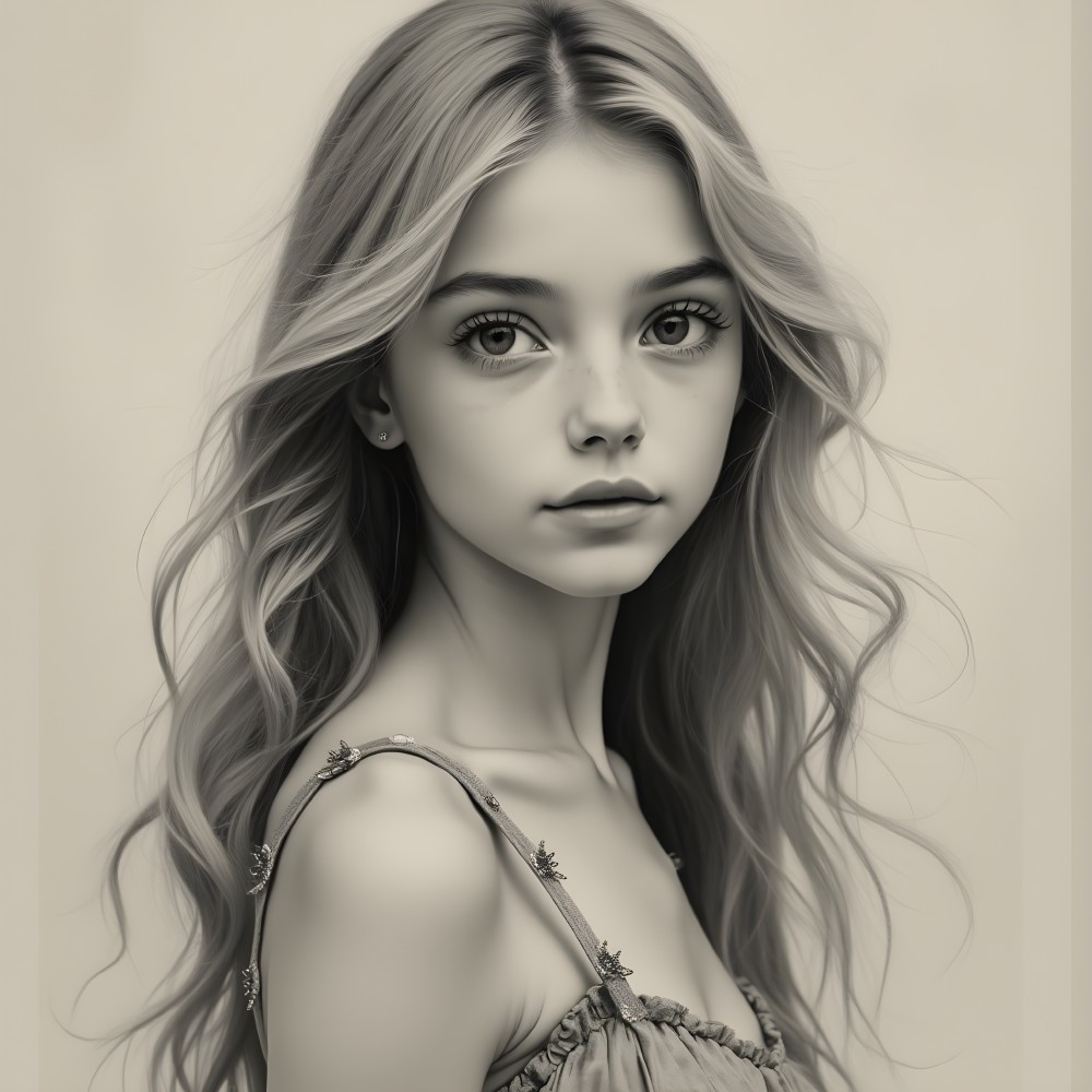 Portrait of a Young Girl with Wavy Hair and Soft Expression