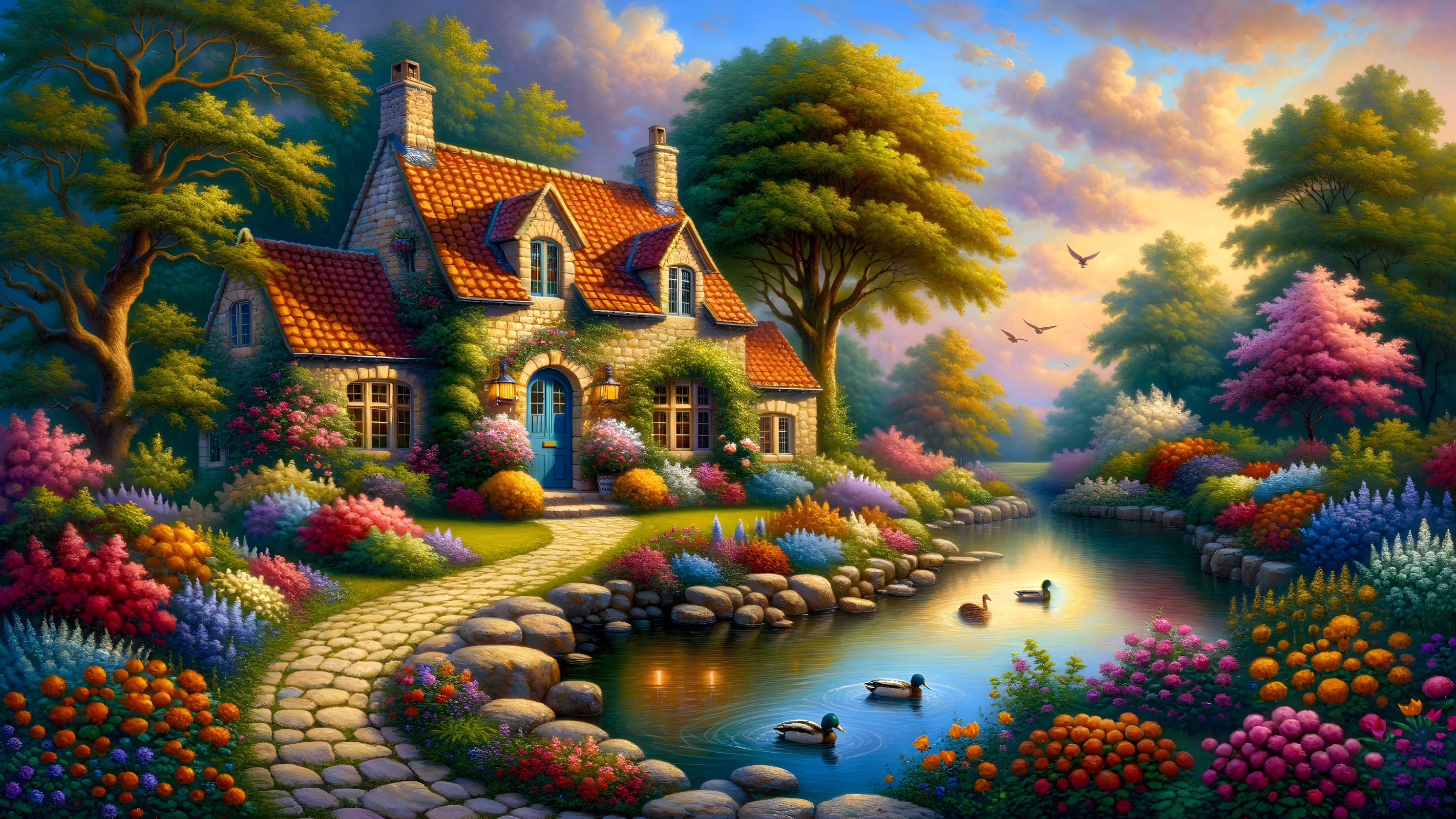 Charming Stone Cottage by Tranquil Pond at Sunset