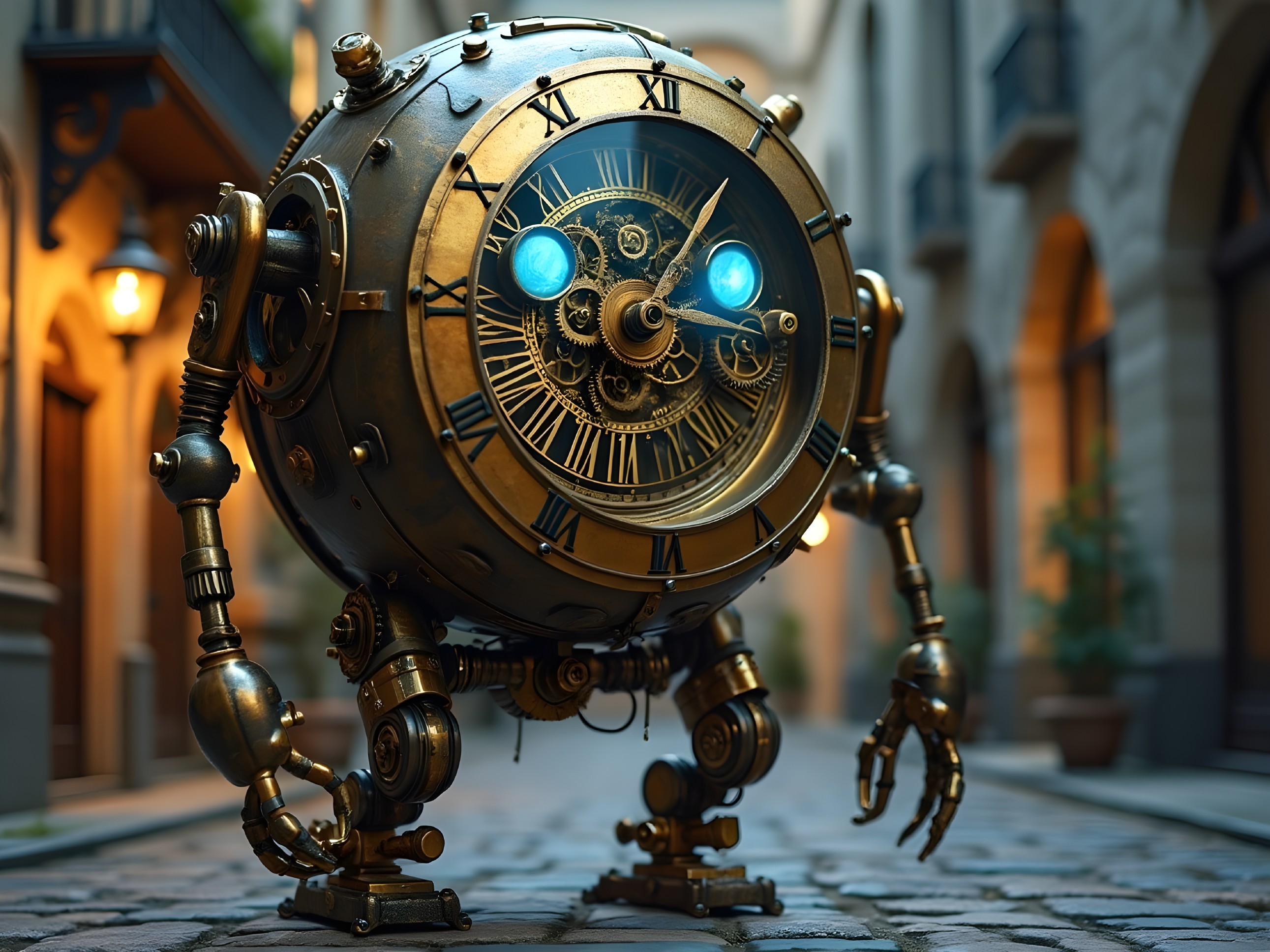 Whimsical Steampunk Clock in Retro-Futuristic Alley