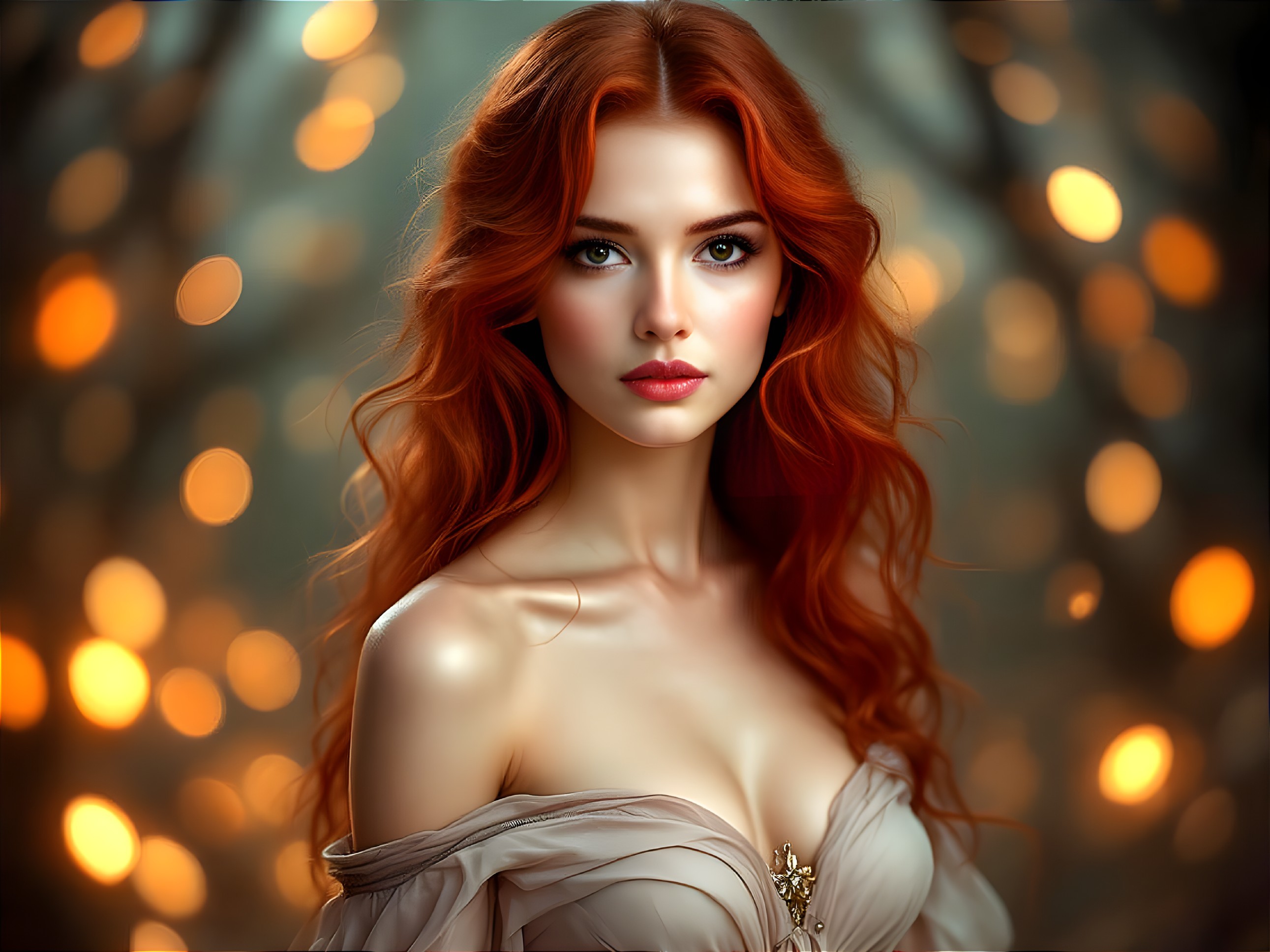 Young Woman with Red Hair in Elegant Off-the-Shoulder Gown