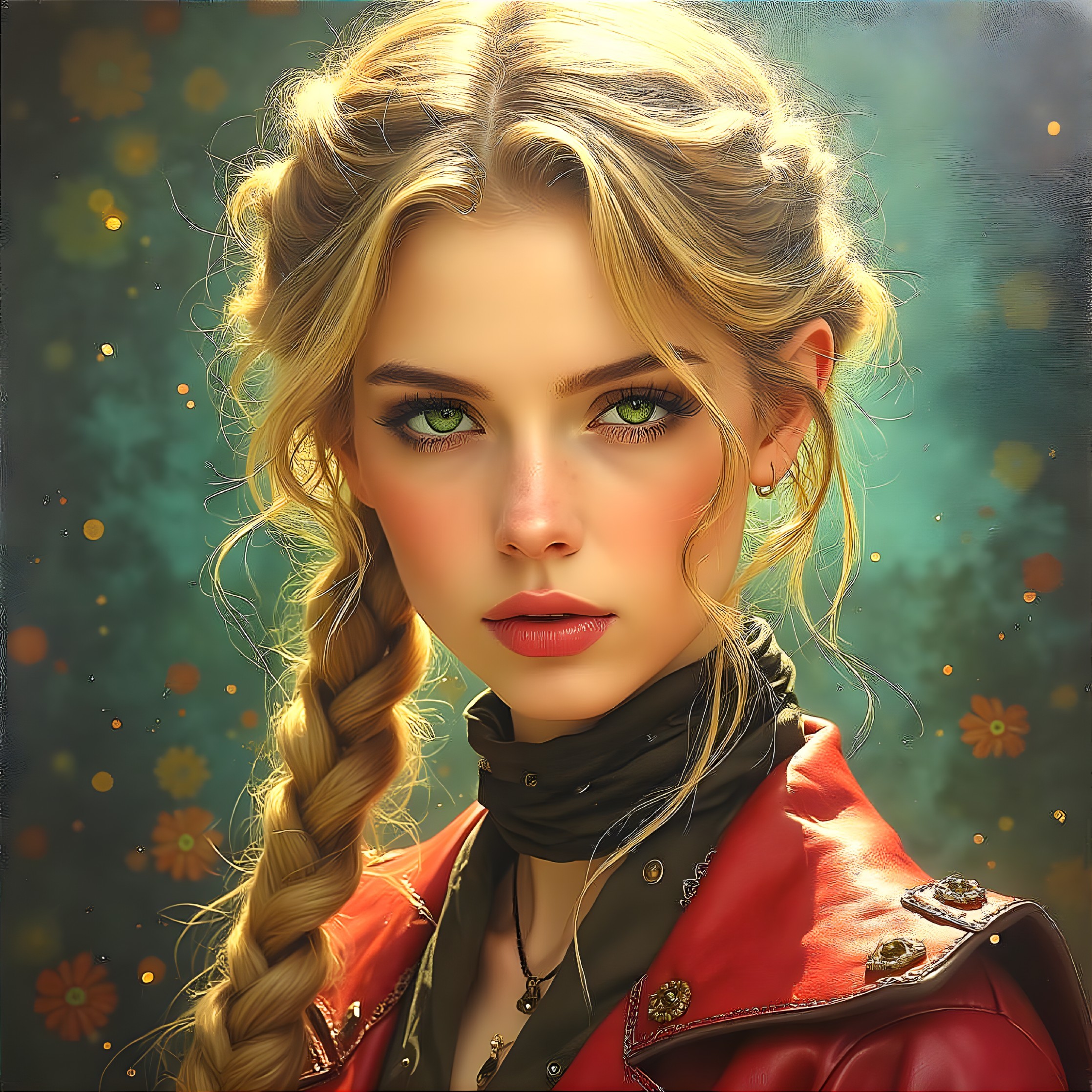 Young woman in red jacket with green eyes in garden