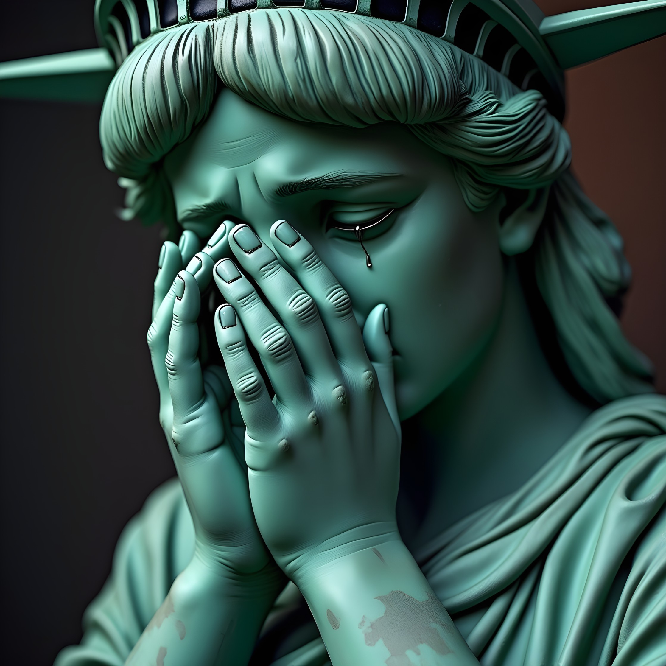 Stylized Statue of Liberty with Sad Expression