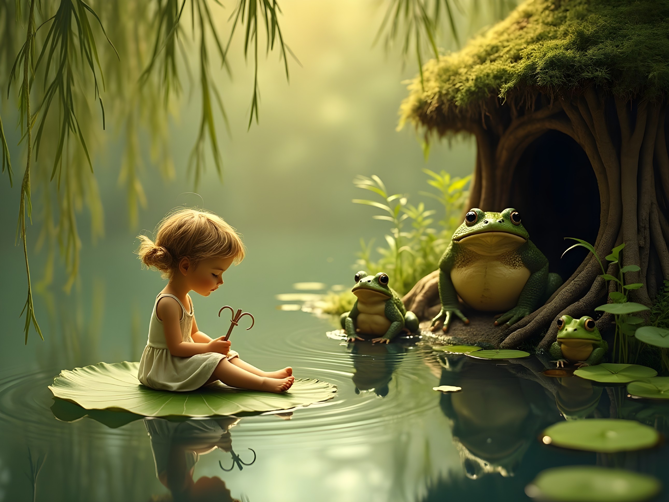 Young girl on lily pad in a serene pond setting