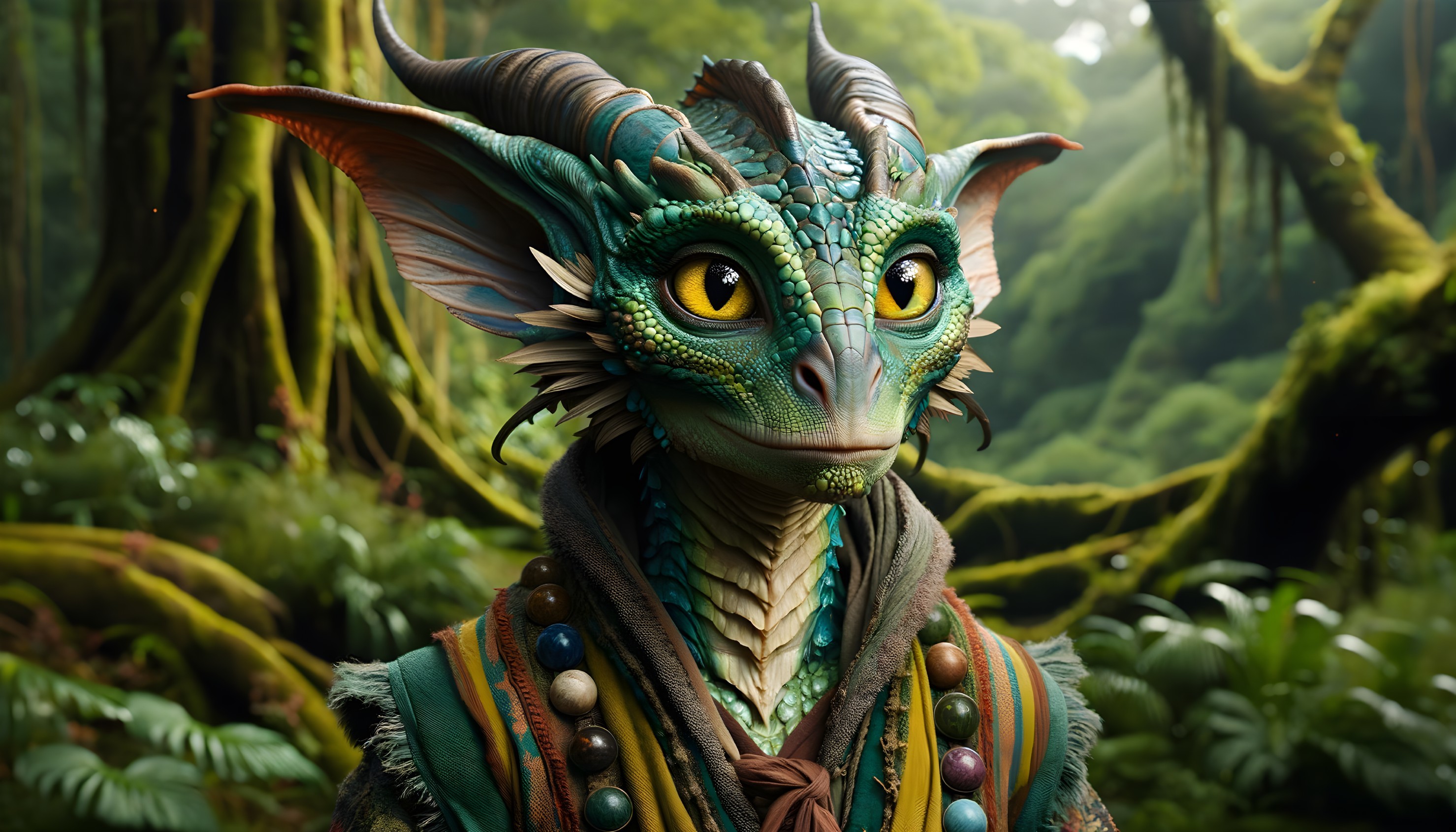 Fantastical creature in a lush, mystical forest setting