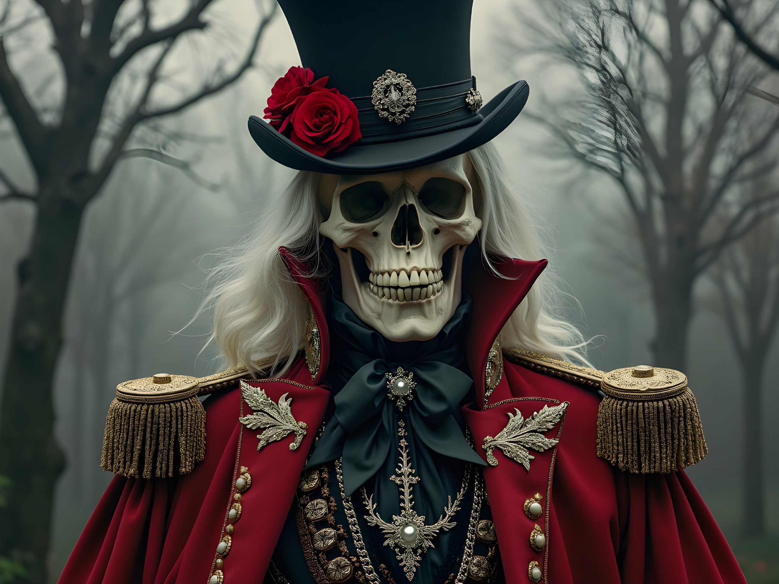 Skeletal Figure in Ornate Red Coat in Misty Forest