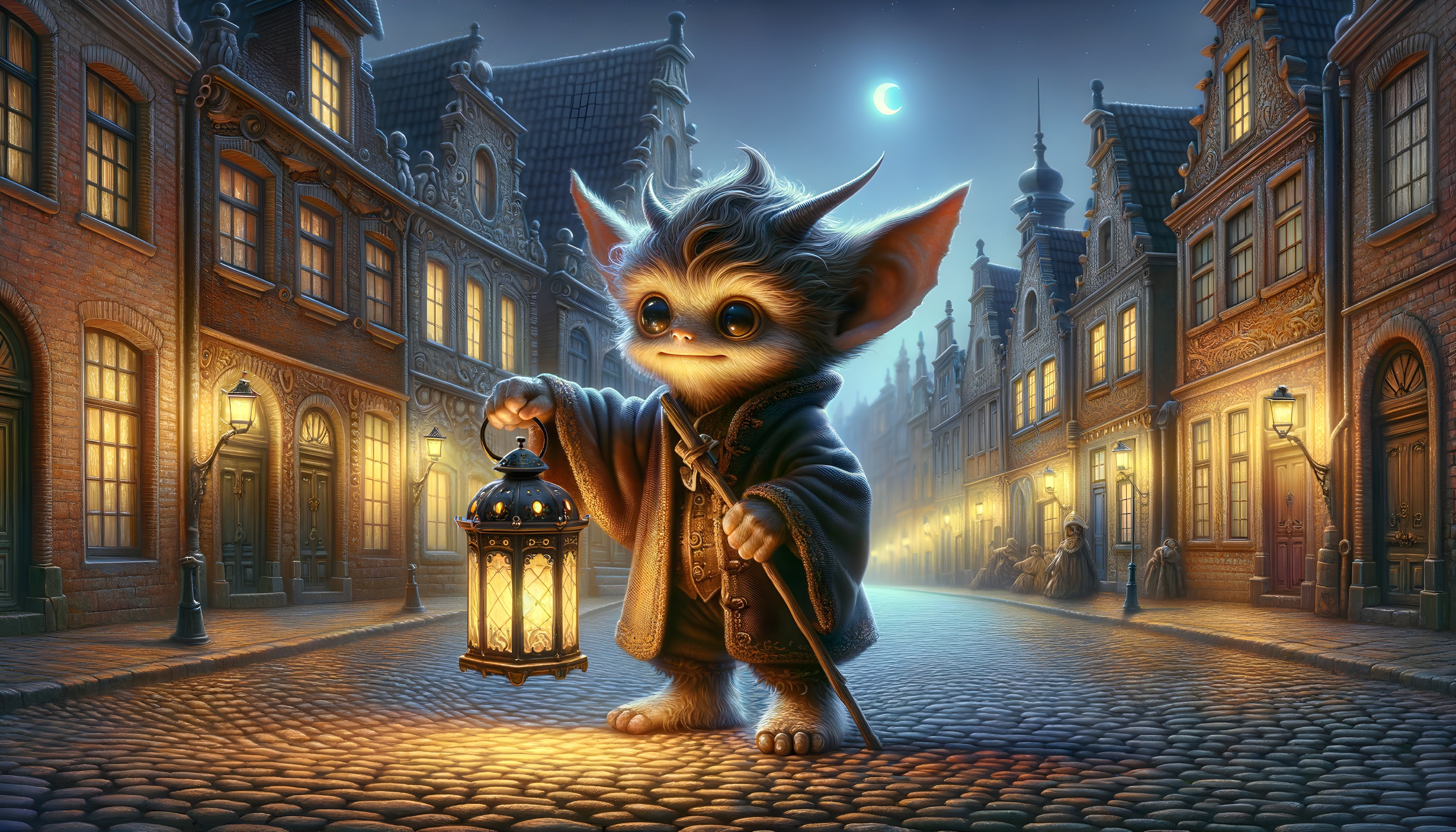 Whimsical Creature on Lantern-Lit Cobblestone Street