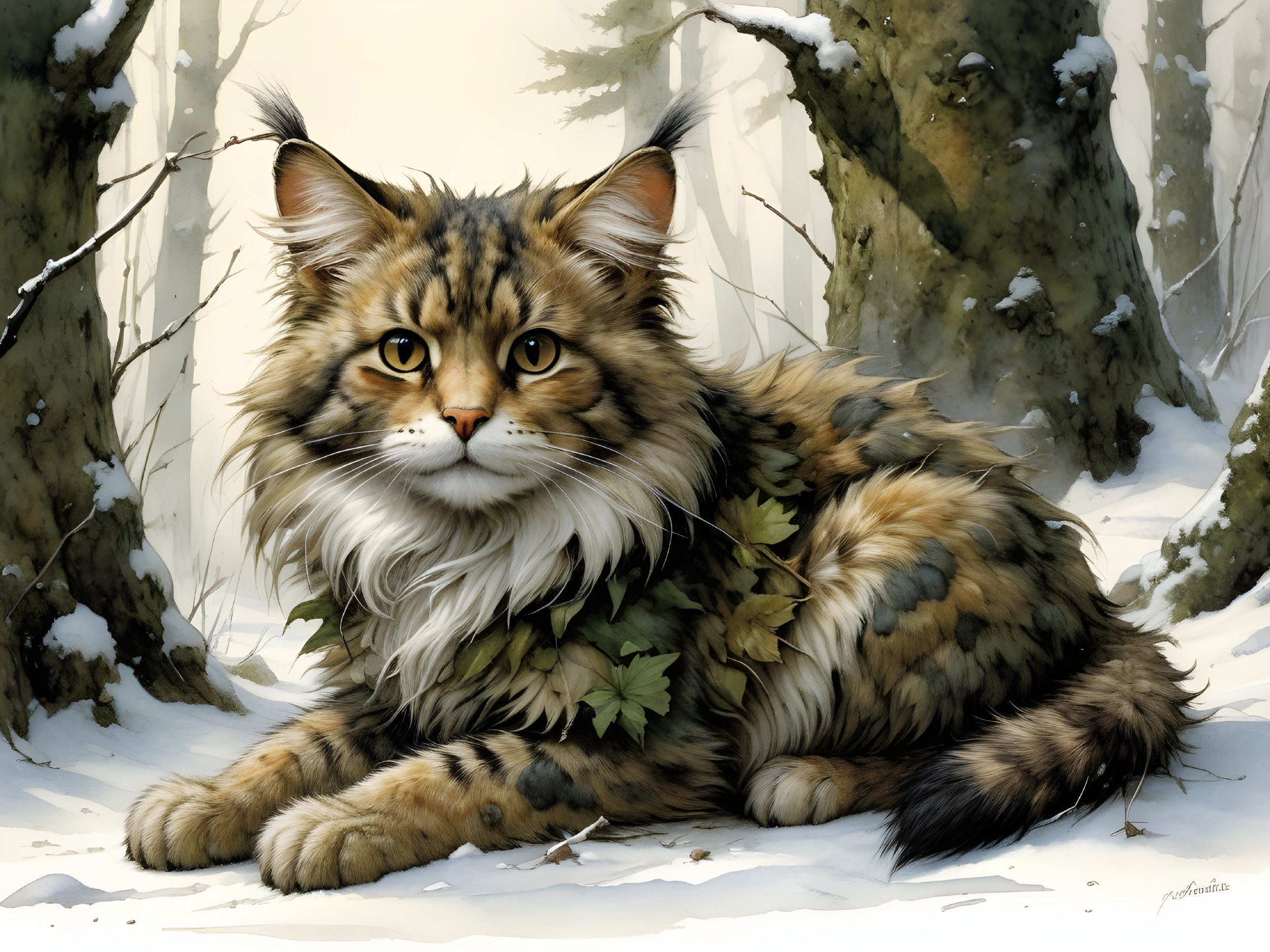 Maine Coon Cat in Snowy Forest with Green Leaves