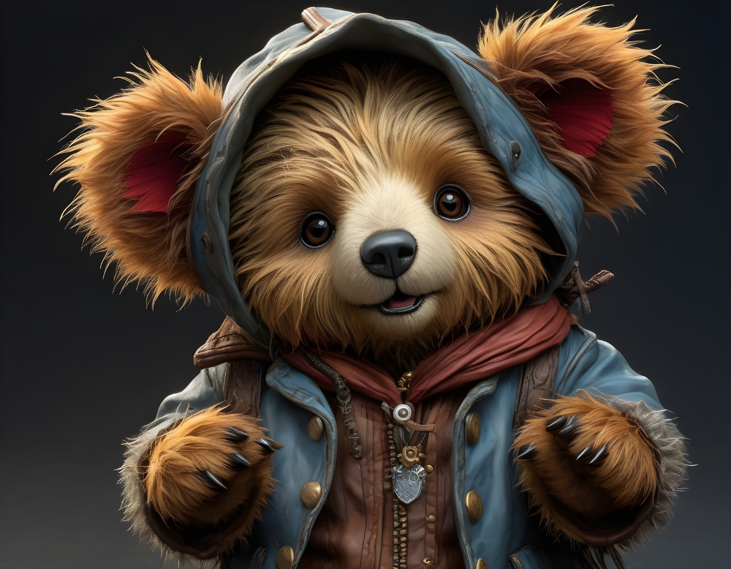 Cartoonish bear character in blue hoodie and backpack