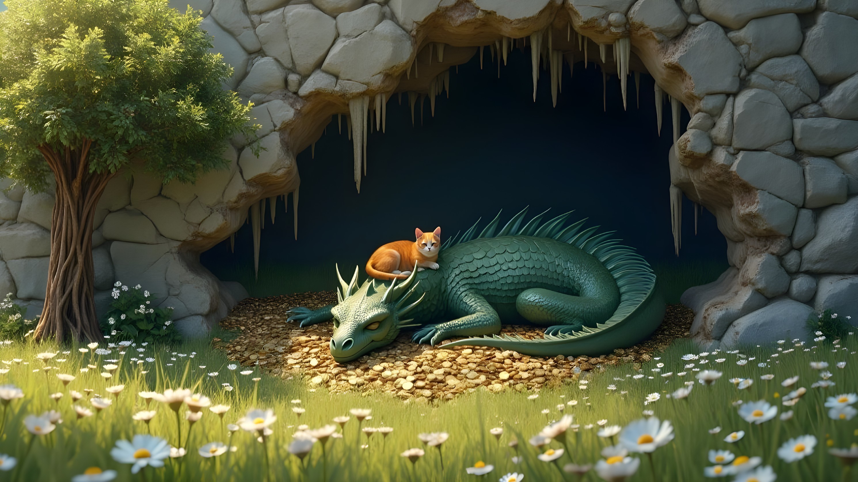 Green Dragon and Cat in a Whimsical Cave Scene