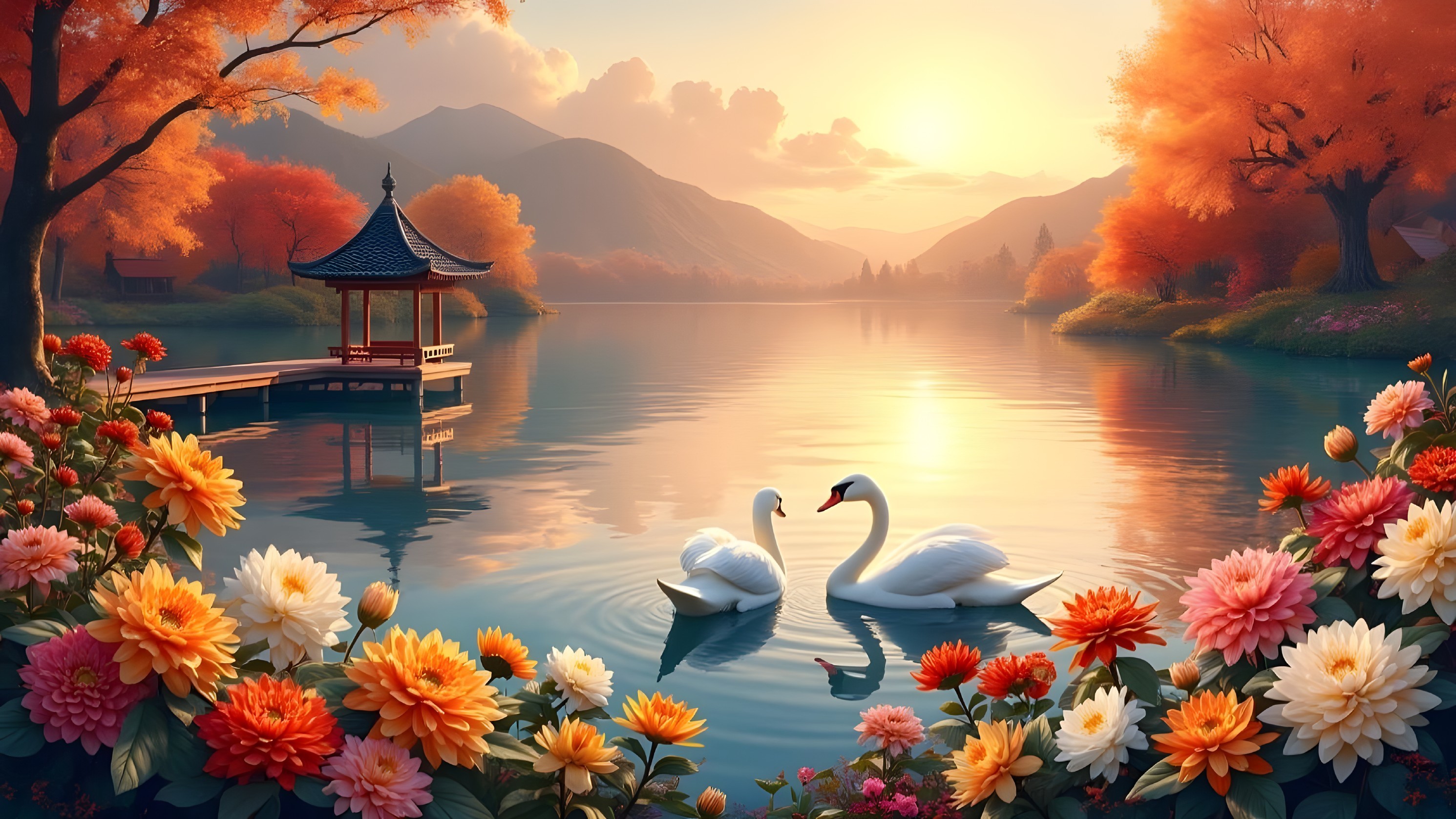 Autumn Lake Scene with Swans and Gazebo