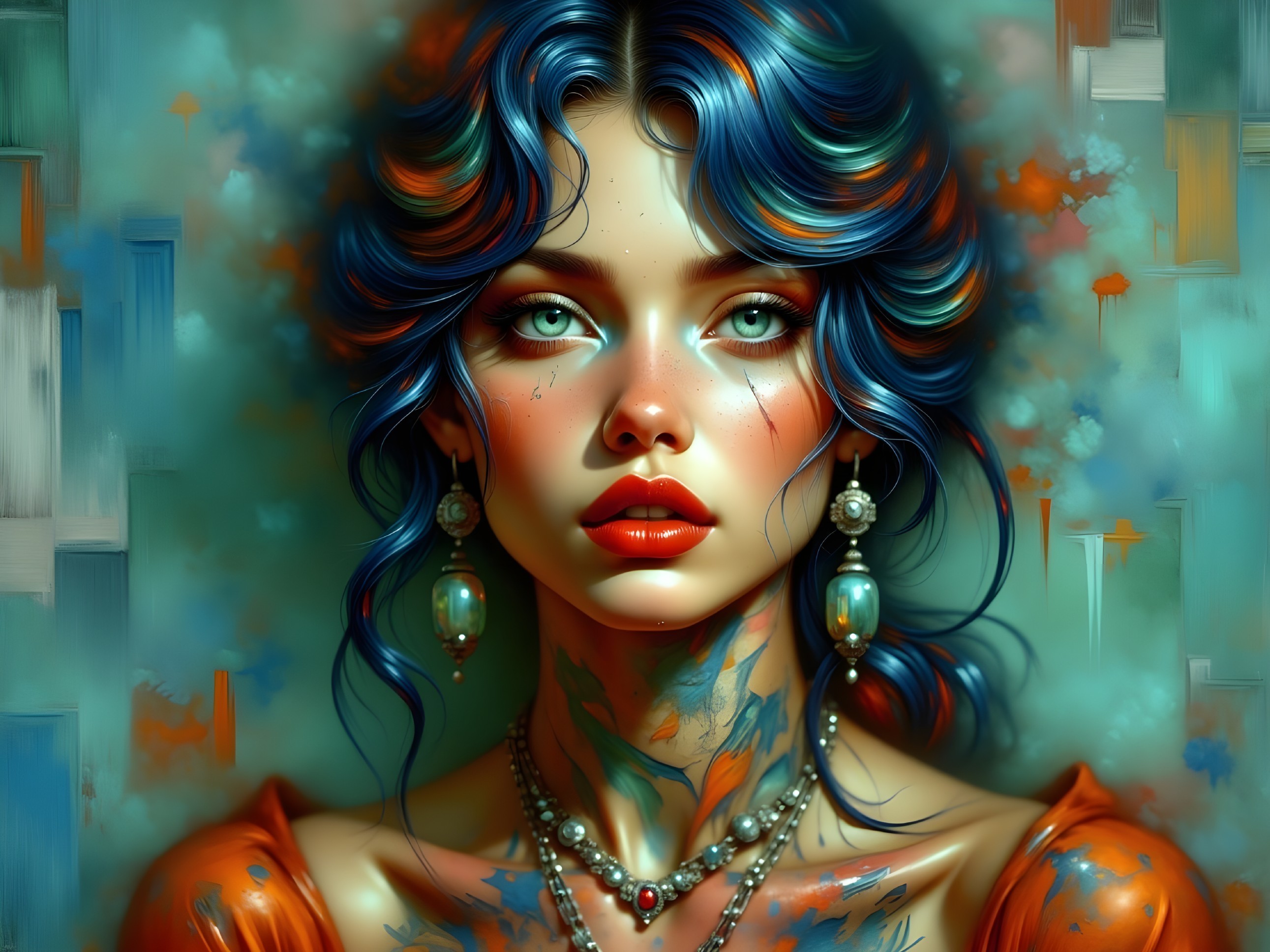 Portrait of a Young Woman with Blue Hair and Tattoos