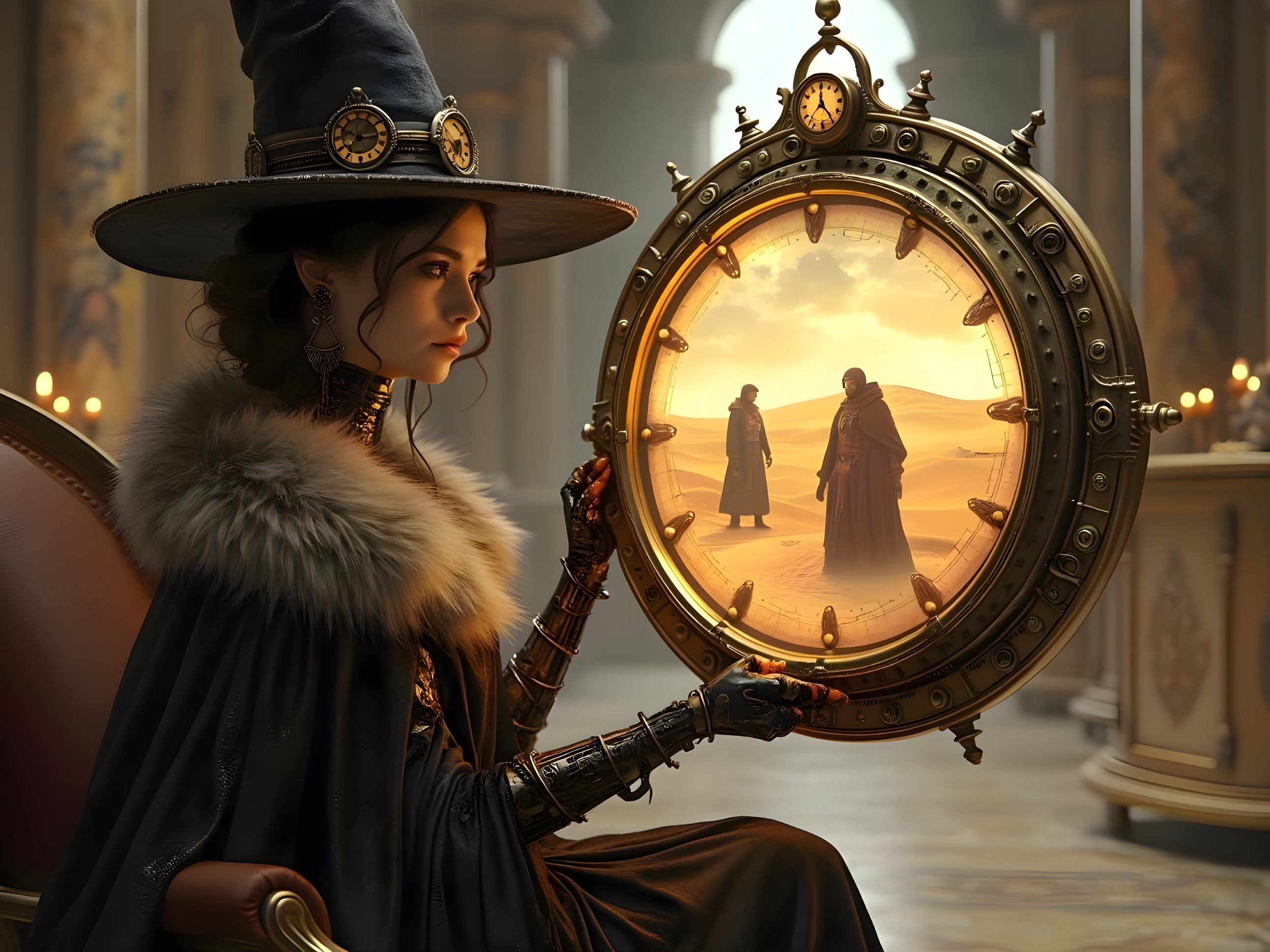 Mysterious figure in cloak with reflective mirror in setting