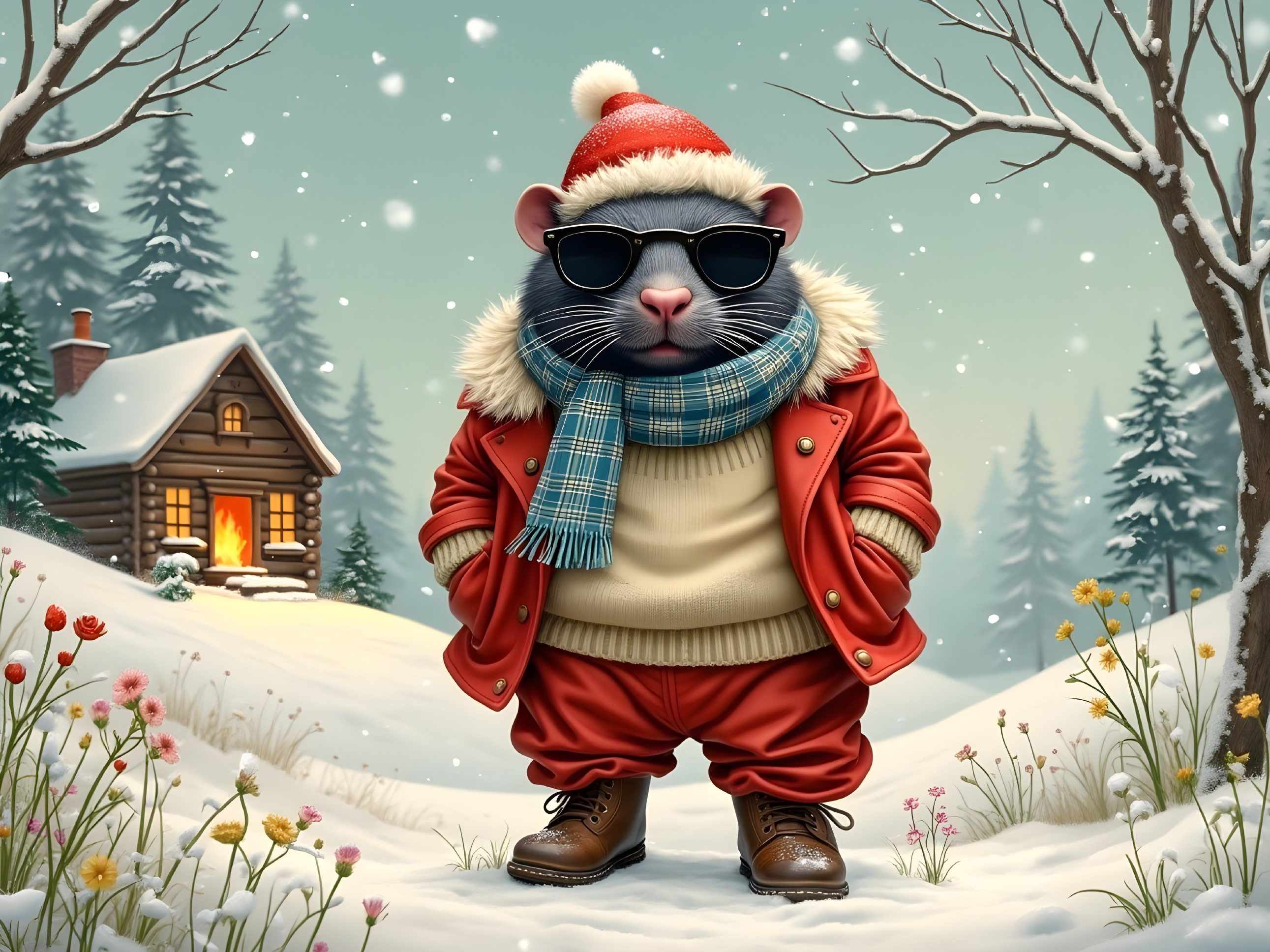 Anthropomorphic Rat in Snowy Landscape with Cabin