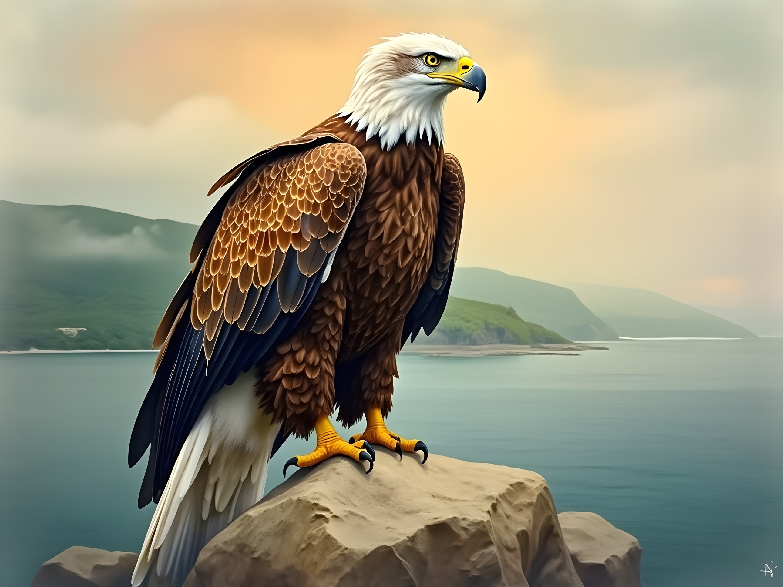 Eagle on Rocky Outcrop Overlooking Tranquil Seascape