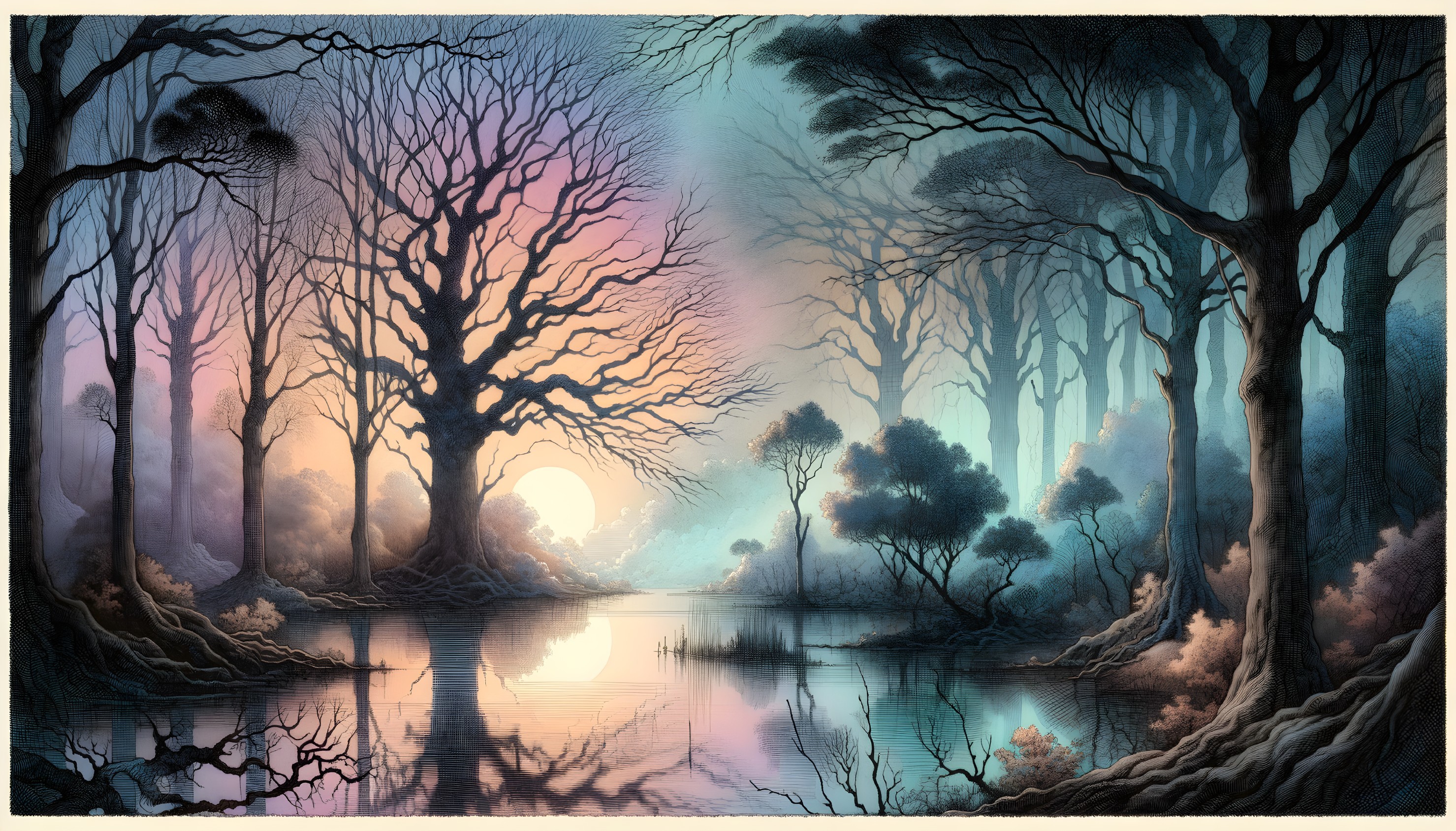 Surreal Forest Landscape at Dawn with Reflective Lake