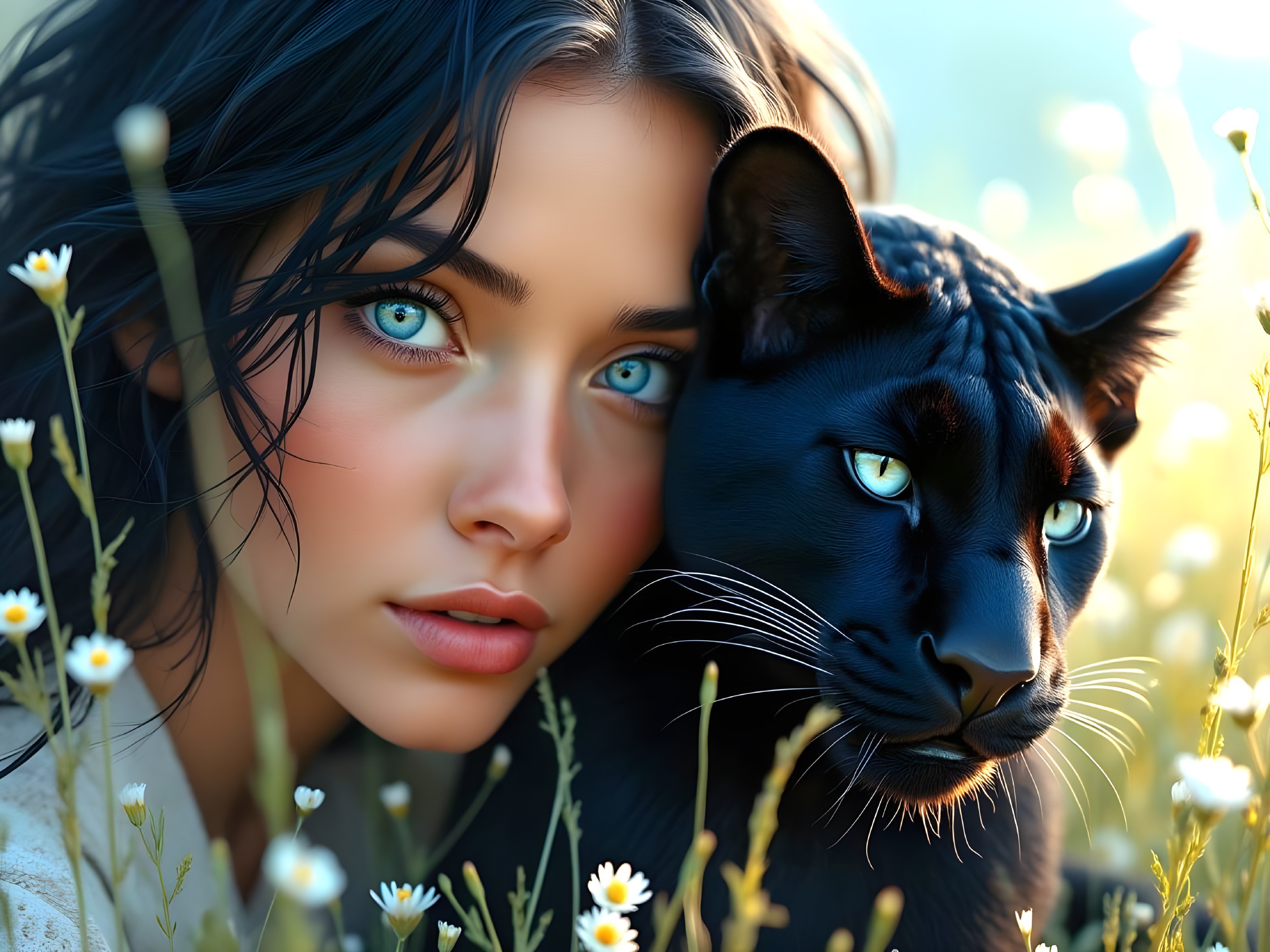 Young Woman and Black Panther in Serene Daisies Scene